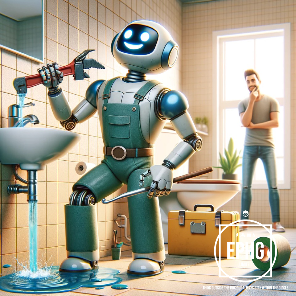 Robot Plumber Fixing Water Leakage